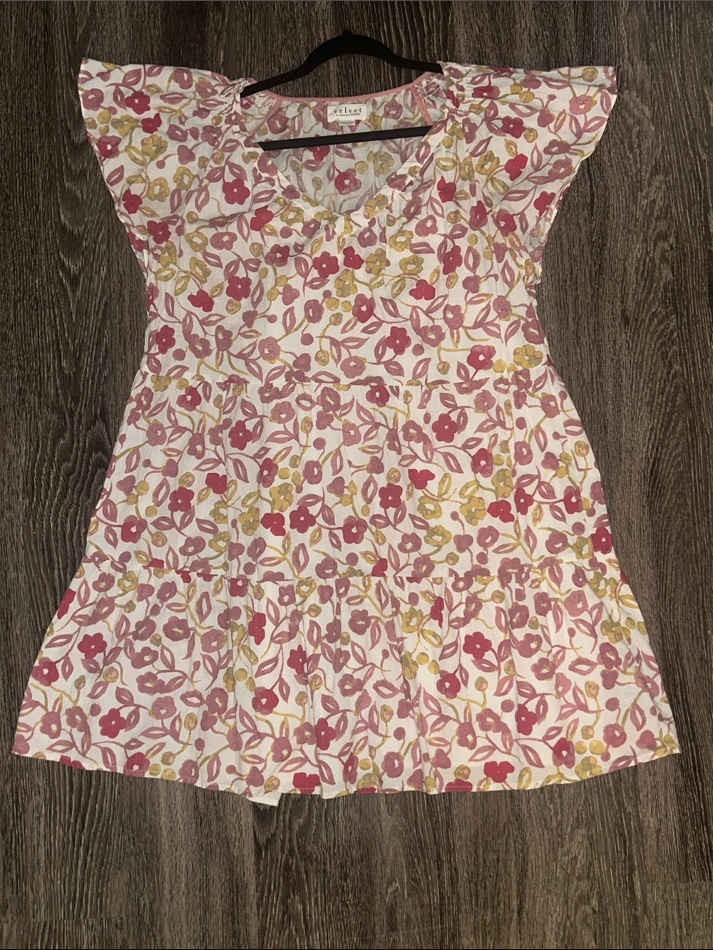 Velvet Floral Cotton Flutter Dress - Size Large